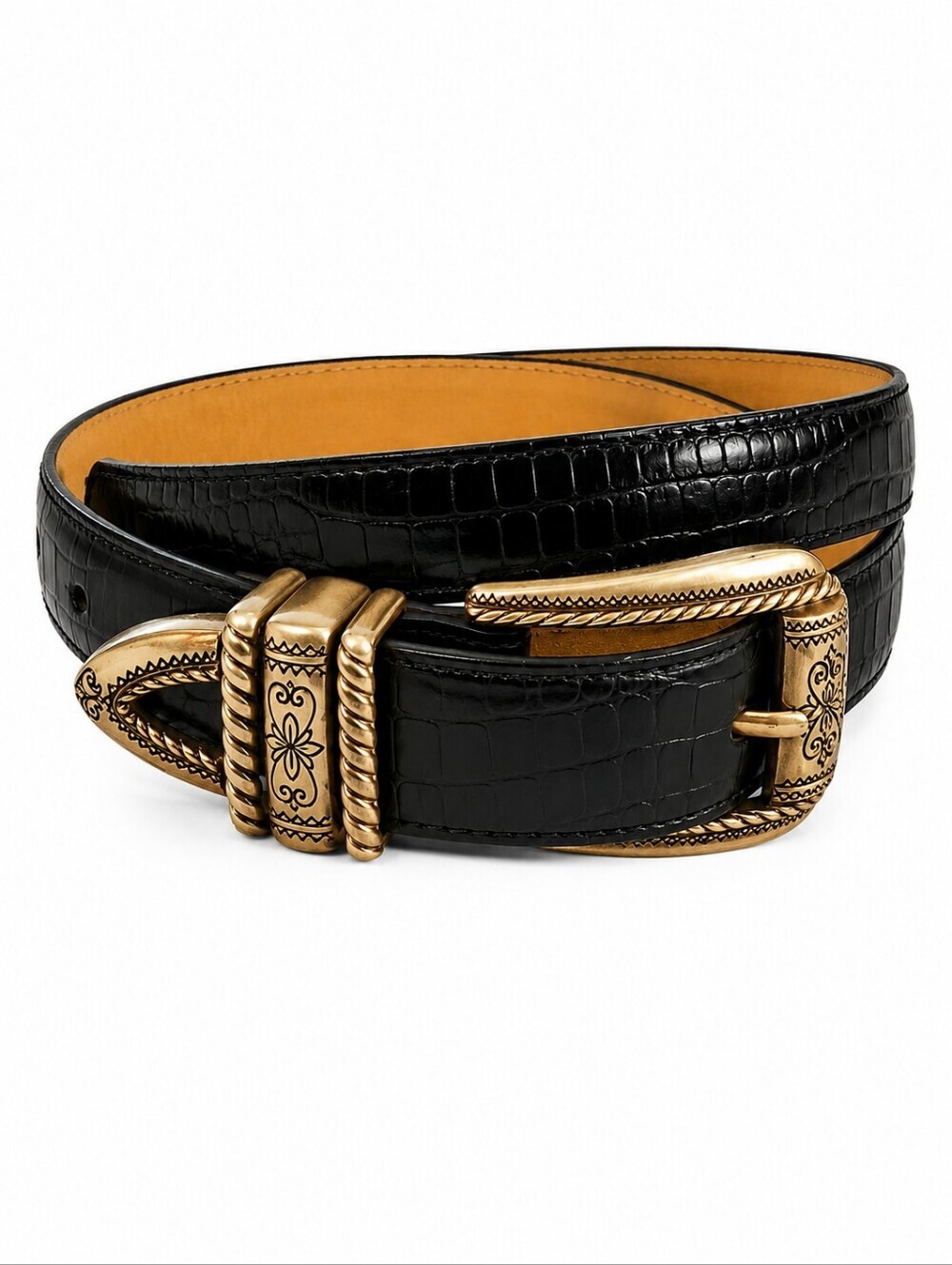 VTG BRIGHTON Black Alligator Scroll Buckle Belt Size 30